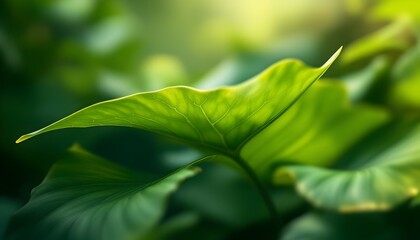 Fototapeta premium Close-up of vibrant green taro leaves showcasing intricate vein patterns and textures in soft, natural light