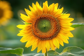 Fototapeta premium A radiant sunflower in full bloom, showcasing vibrant yellow petals and a detailed center with spiral seed arrangement, set against a soft, green, natural backdrop.