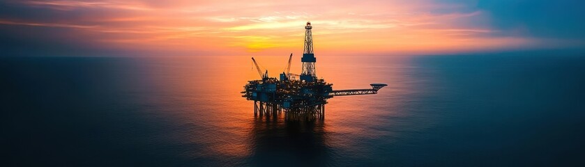 Obraz premium Serene Aerial View of a Jack-Up Offshore Oil Rig Bathed in Warm Light