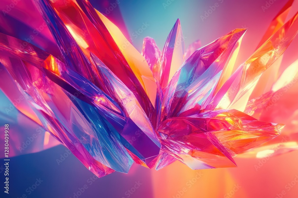 Poster Vibrant, colorful crystal cluster explodes with iridescent light, showcasing sharp facets and dynamic energy.
