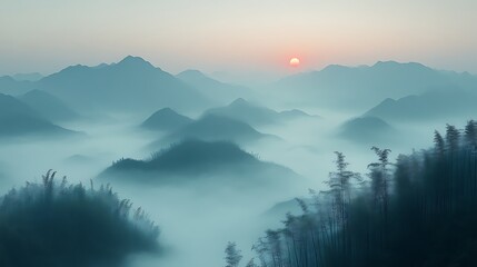 Misty Mountains Sunrise Over Bamboo Forest