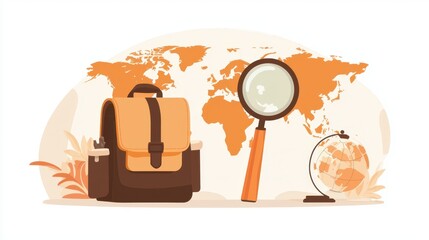 Fototapeta premium Travel Essentials Setup with Backpack, Magnifying Glass, and Globe Against a World Map in Soft Orange Tones for Adventure and Exploration Themes