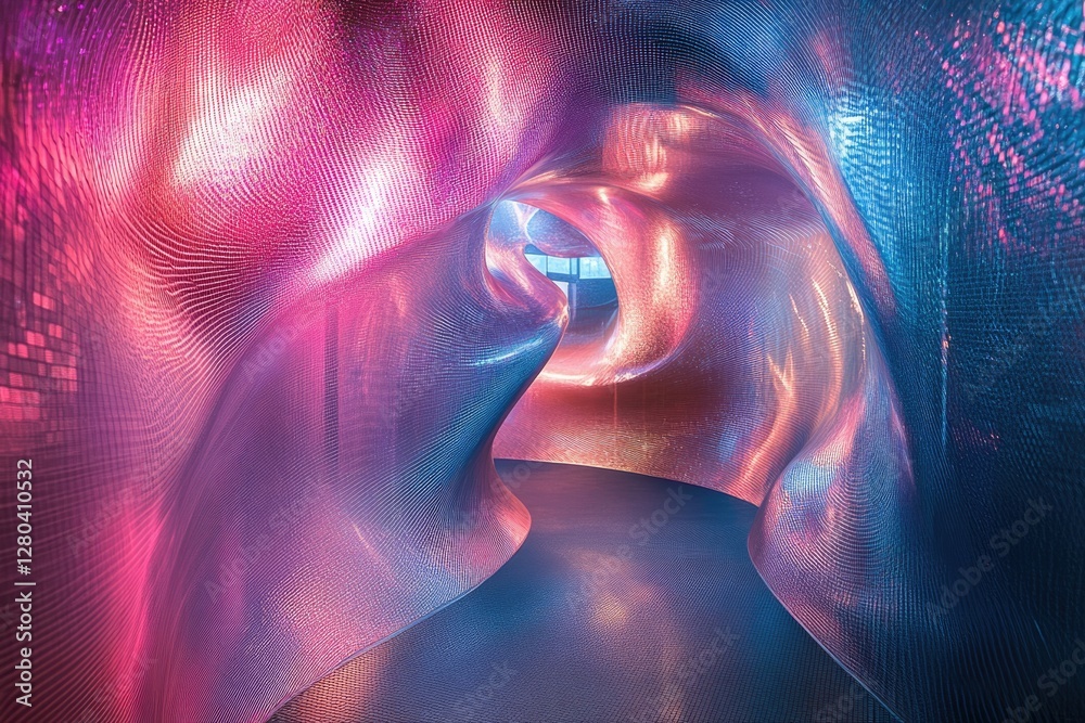 Aufkleber a mesmerizing tunnel of iridescent fabric illuminated with pink and blue light, creating a dreamlike