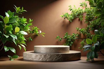 Elegant Stone Product Display Podium with Natural Leaves & Branches on Brown Background - 3D Render