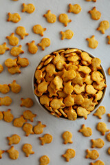 Mini Goldfish Crackers with Sea Salt in a Bowl, top view.