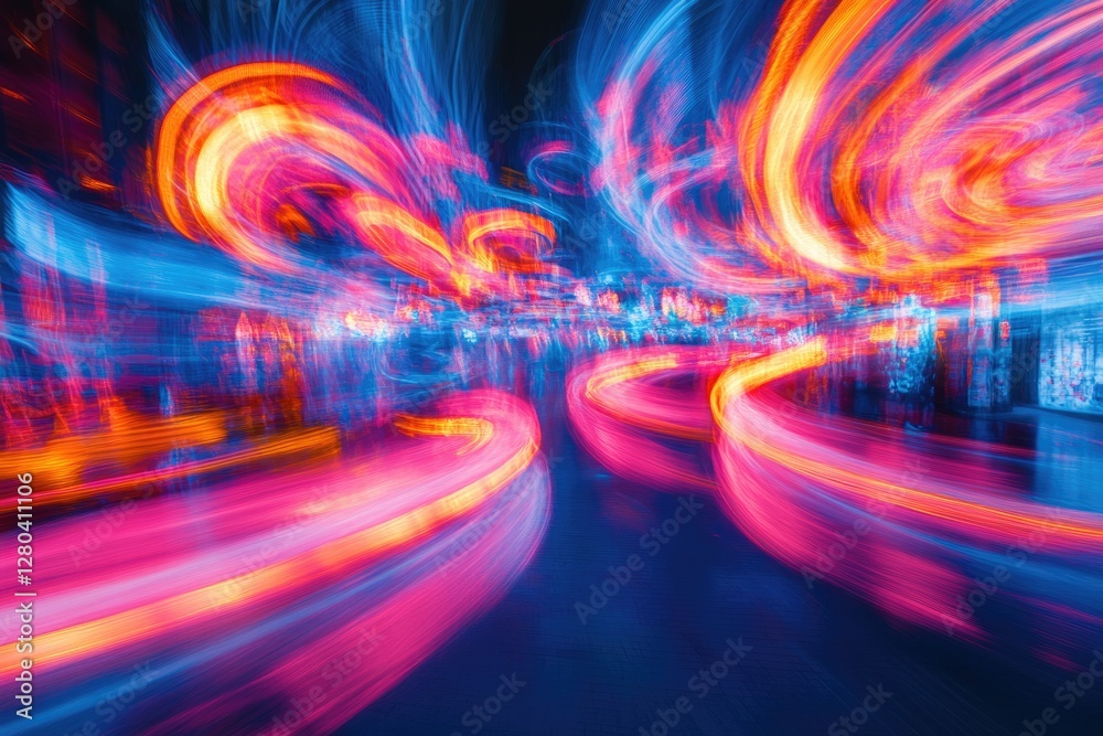 Aufkleber Abstract image of swirling, vibrant light trails in pink, orange, and blue, creating a dynamic and energetic visual.