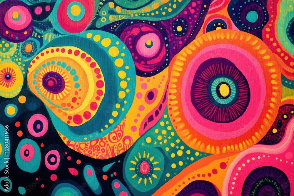 Poster vibrant abstract artwork featuring colorful concentric circles, dots, and swirling patterns.