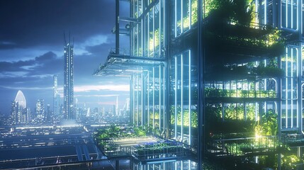 Futuristic cityscape with a bioluminescent skyscraper at night.