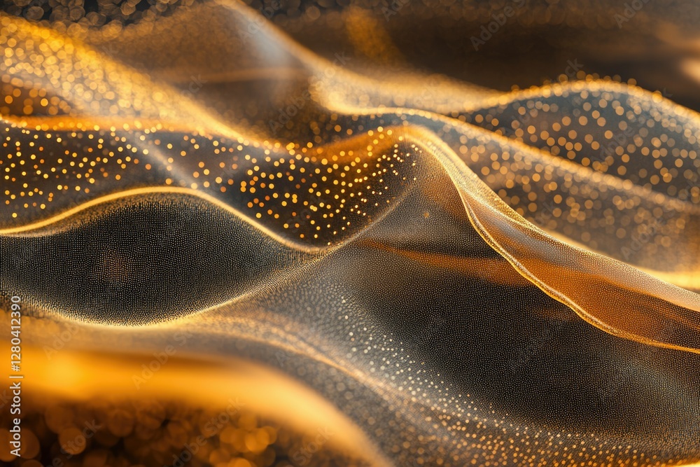 Poster abstract gold wave with sparkling particles, digital art, flowing elegant luxury texture.