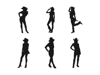 Naklejka premium Hot cowgirl silhouette. Black silhouette of cowgirl in different positions. Vector Set Of Cowgirl Silhouettes Illustration. Silhouette cowgirl standing. Vector on a white background.