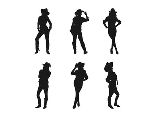 Hot cowgirl silhouette. Black silhouette of cowgirl in different positions. Vector Set Of Cowgirl Silhouettes Illustration. Silhouette cowgirl standing. Vector on a white background.