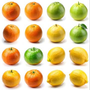 A row of fruit including oranges, lemons, and limes. The oranges are orange and the lemons are yellow