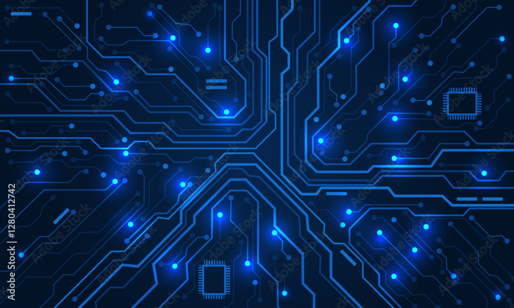 Poster Abstract circuit board technology connected blue lines with electronics elements computer motherboard chip processor semiconductor digital background vector