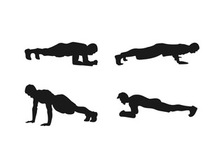 Naklejka premium Man doing plank exercise silhouette set. Silhouette sequence of a man doing a push-up exercise. Vector illustration. a silhouette illustration of a man doing a plank. Vecton on a white background.