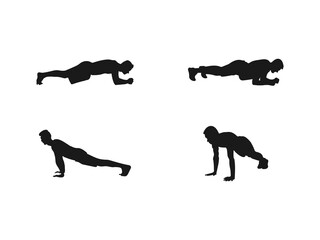 Man doing plank exercise silhouette set. Silhouette sequence of a man doing a push-up exercise. Vector illustration. a silhouette illustration of a man doing a plank. Vecton on a white background.