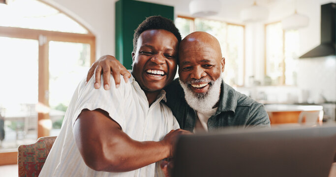 Success, hug and senior father with son and laptop for good news, achievement and job promotion. Support, reading and black family with people at home for business, interview email and legacy