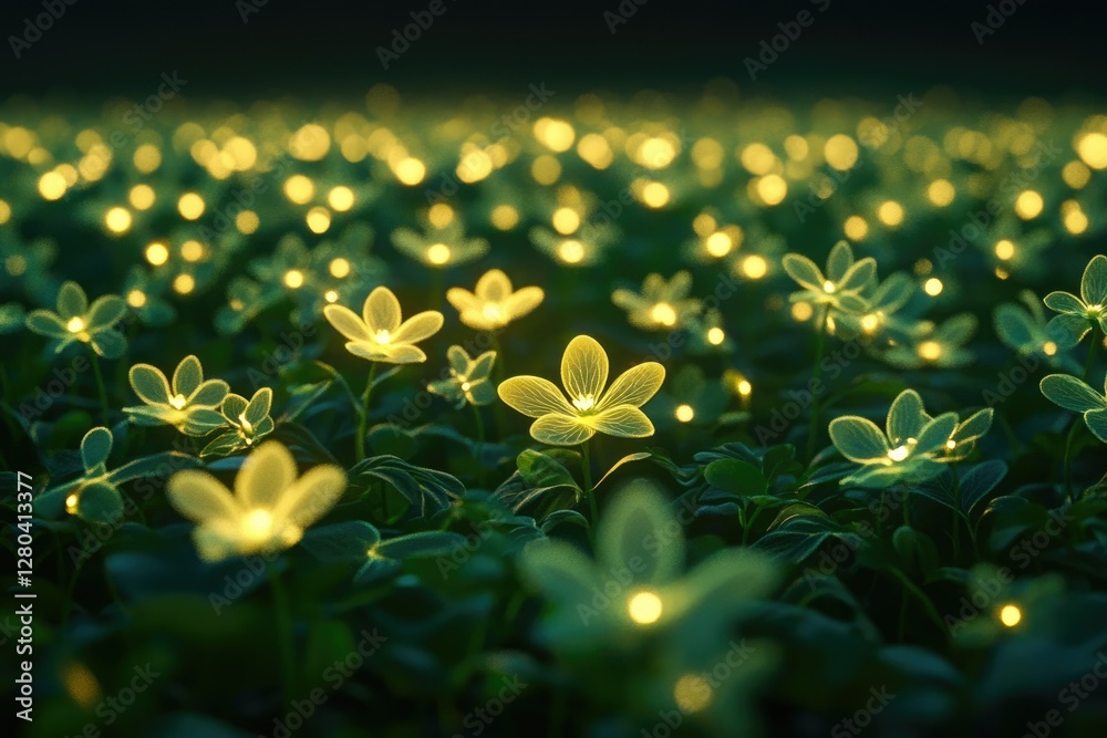 Poster glowing flowers illuminate a dark field, creating a magical, enchanting scene.