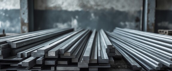 Fototapeta premium Neatly stacked metal rods in workshop setting