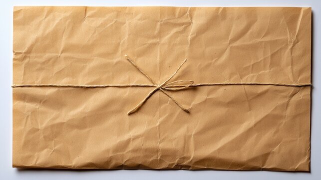 Brown paper parcel tied with string on a wooden surface for packaging or gift giving