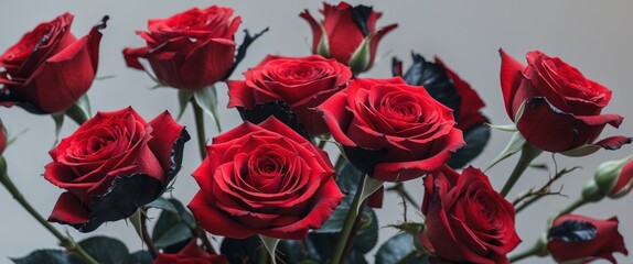 A close up of a bunch of red roses with black petals