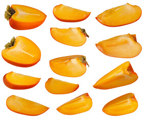 Persimmon slices, part of fruit set of different angles isolated on white background