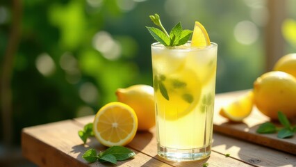 Fototapeta premium A refreshing glass of lemonade with mint leaves and lemon slices, surrounded by whole and sliced lemons on a wooden table in a sunny outdoor setting.