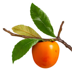 Persimmon fruit ripe hanging on branch with green leaves isolated on white background