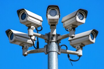 Naklejka premium Security cameras mounted on a pole under clear blue sky in urban environment