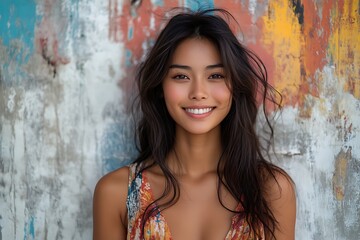 Fototapeta premium Happy woman portrait colorful wall background