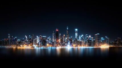 City skyline at night with illuminated buildings reflecting in the water under a clear sky