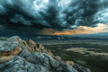 Dramatic storm clouds loom over a vast, mountainous landscape, casting shadows on the rocky terrain below.