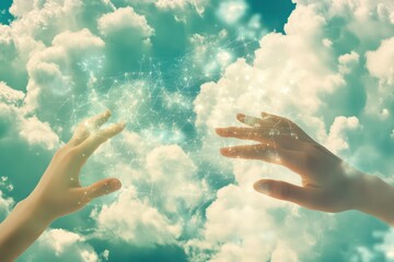 A tech-world inspired abstract background featuring hands touching a digitalized cloud system.