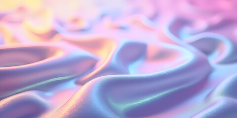 Obraz premium Luxurious iridescent silk fabric with smooth flowing folds, illuminated by soft neon hues of pink, blue, and violet, creating a dreamy, holographic pastel aesthetic.
