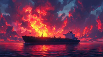 Fototapeta premium Cargo ship sailing at dramatic sunset, fiery red sky, ocean reflection.