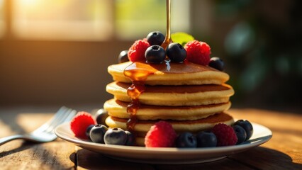 A stack of pancakes topped with blueberries and raspberries, with syrup being poured over them, on a white plate with a fork beside it.