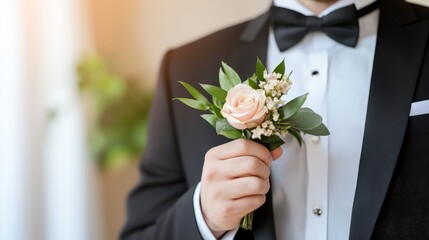 Groom Holding A Delicate Rose Boutonniere