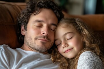 Father and daughter napping peacefully together on a cozy couch in a calm living room