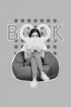 Creative abstract template collage of young woman sitting purple beanbag cover face book reader interesting novel sale shopping advert