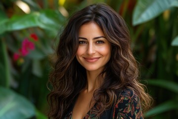 Woman with curly hair smiles in a lush garden filled with vibrant plants and flowers