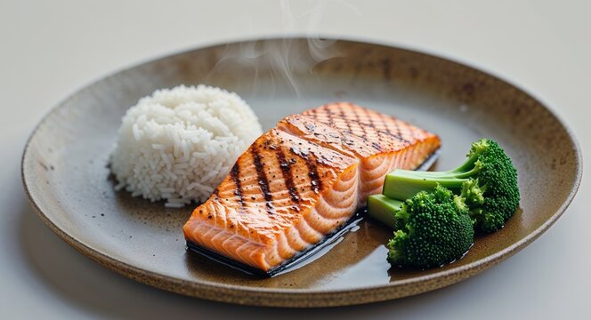 Grilled Salmon Fillet with Rice and Broccoli on Rustic Plate.