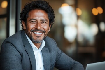 Obraz premium Confident professional man smiles warmly while seated in a modern workspace during the day