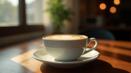 A cup of latte with latte art on a saucer sits on a wooden table in a cozy, sunlit caf&eacute;.