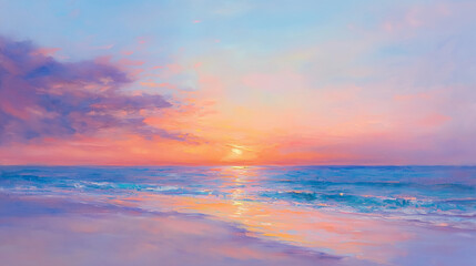 Obraz premium Serene Seaside Sunset: Witness the breathtaking beauty of a coastal sunset, where the sky bursts into a symphony of colors. Gentle waves lap the shore, mirroring the vibrant hues above.