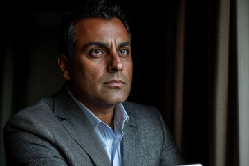 Fototapeta premium Focused professional contemplating thoughts by a window in a modern office setting during daylight