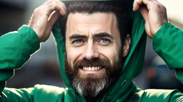 Men's fashion and beauty. Portrait of a handsome brutal man with a beard and green jacket with a hood.