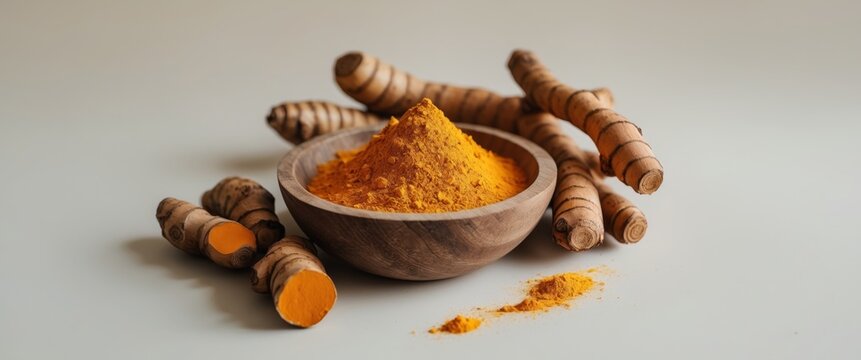 golden turmeric powder and fresh roots in a wooden bowl