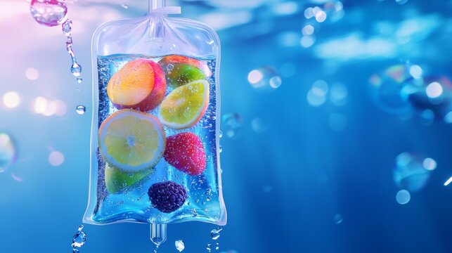 A glowing IV bag filled with fruit slices, immersed in sparkling water, representing a refreshing and revitalizing hydration therapy.