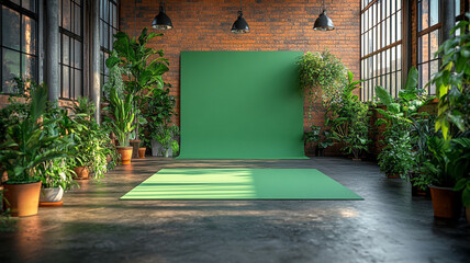 spacious loft with lush plants and green screen evokes creativity and potential