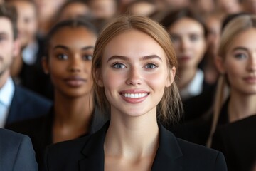 Obraz premium Smiling woman in business attire among a diverse group of professionals at a corporate event