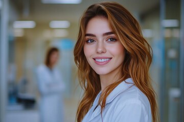 Fototapeta premium Smiling healthcare professional in a modern medical facility during daytime
